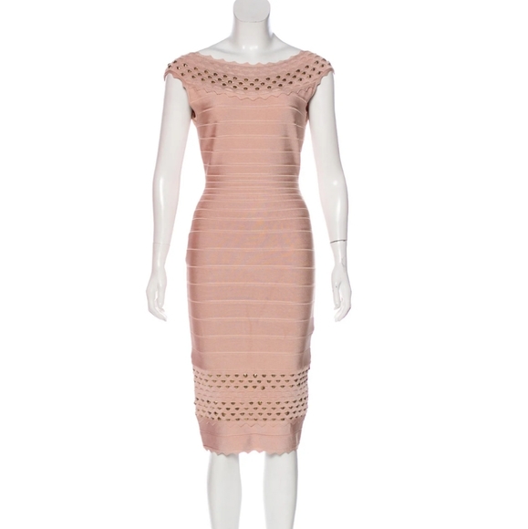 kim kardashian beige dress HERVE LEGER Grey & Beige Size XSmall Knee Length Dress main image 1